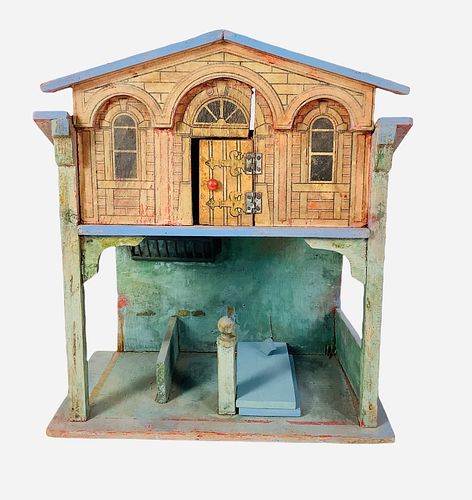 Antique wood 2 story doll house-stable 11" x 9 1/2" x 5 1/2" with original lithograph paper, door opens and closes, house shows some wear, some of the