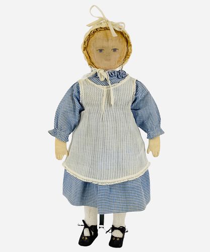 Early Moravian Cloth Doll. 18" girl with painted hair and facial features, on stitch-jointed cloth body. All original, doll wears her blue/white gingh