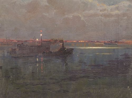 JOHN MATHER, Oil on canvas, Night Harbor Scene