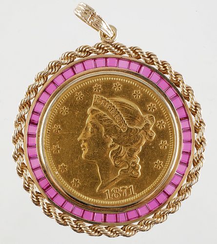 1871s US $20 Gold Double Eagle in Ruby Bezel