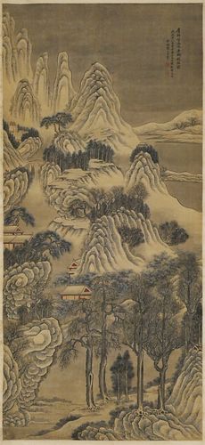 Chinese Scroll Painting, Mountain Landscape—Signed