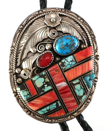 Sterling Turquoise Coral Inlay Bolo Tie