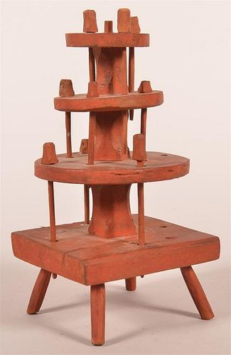 19th C. Primitive Wood Sewing Stand w/ Red Paint