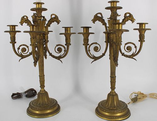 A Fine Pair of Antique Bronze Candelabra With Rams