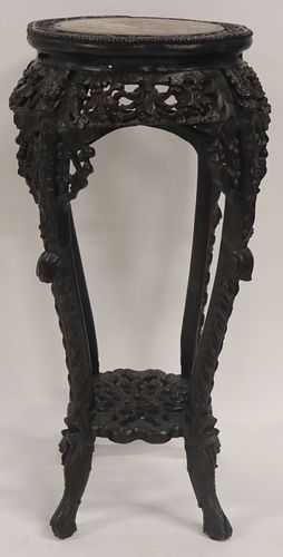 Chinese Carved Wood Marble Top Stand.