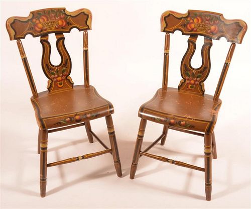 Pair of Lyre Back Paint Decorated Plank Chairs