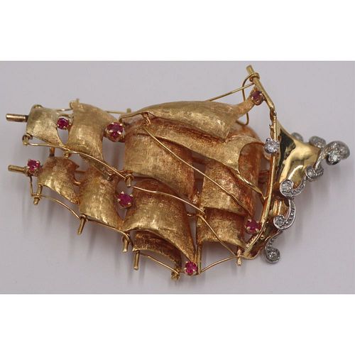JEWELRY. Signed 18kt Gold Ship Brooch with Gems &