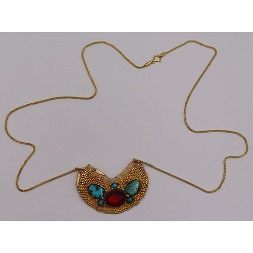 JEWELRY. 18kt Gold Turquoise and Gem Pendant.