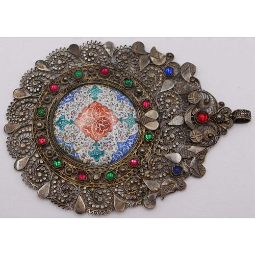 JEWELRY. Persian Silver and Enamel Pendant.