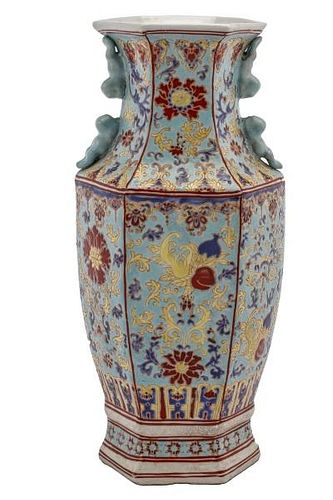 Chinese Hexagonal Baluster Vase w/ Fu Dog Handles