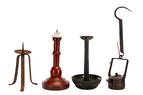 Group of 4 Japanese Objects-Candlesticks & Lantern
