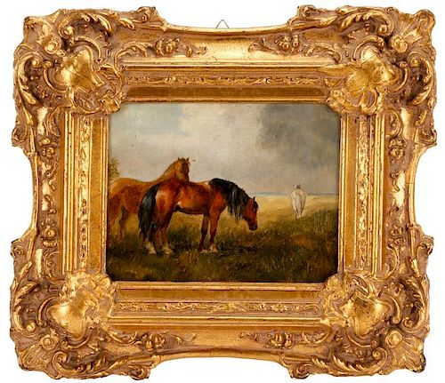Diminutive Oil on Paper Painting of Horses