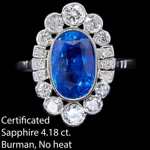 IMPORTANT 4.18 CT BURMA BLUE SAPPHIRE AND DIAMOND CLUSTER RING