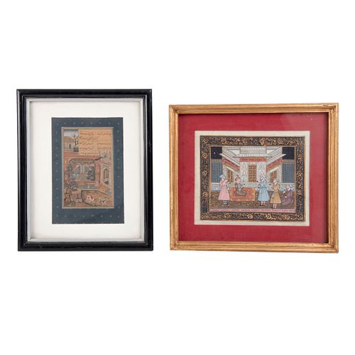 Lote de cuadros decorativos.  India, Siglo XX Escenas costumbristas. Acrílico sobre seda. 24 x 20 cm y 16 x 24 cm.  Piezas 2.