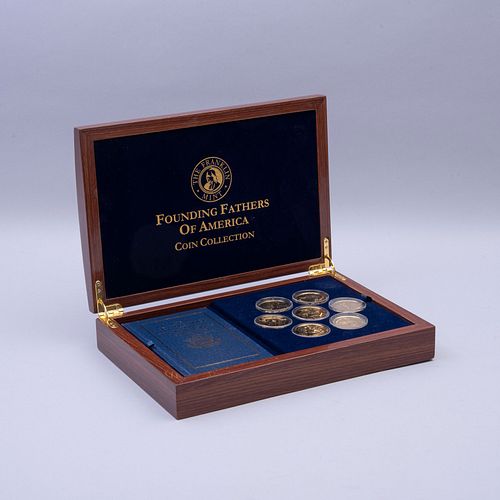 Colección de monedas conmemorativas de los padres fundadores de Estados Unidos. EE. UU., SXXI. Franklin Mint. En metal dorado.