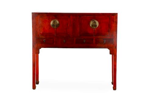 Chinese Red Lacquered Hardwood Cabinet, 19th C.
