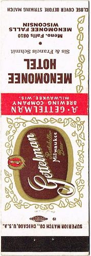 1952 Gettelman Rathskeller Milwaukee Beer WI-GET-11.s2, Menomonee Hotel Â Menomonee Falls Sis and Francis Schmitt, Wisconsin