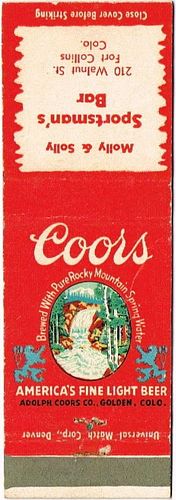 1948 Coors Beer CO-AC-18, Molly and Solly's Sportsman's Bar 210 Walnut St. Fort Collins, Golden, Colorado