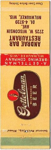 1946 Gettelman Milwaukee Beer WI-GET-7, Andrae Bar Restaurant Wisconsin