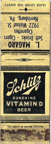 1937 Schlitz Vitamin D Beer WI-SCHLITZ-VD-3, L. Magaro 1922 Walnut St. Harrisburg Pennsylvania