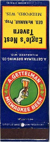 1934 Gettelman Milwaukee Beer WI-GET-2, Eagle's Nest Tavern Medford Wisconsin George McNamar