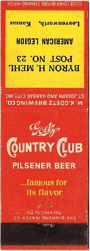 1951 Goetz Country Club Beer MO-GOETZ-13, Byron H. Mehl Post No. 23 American Legion Leavenworth Kansas