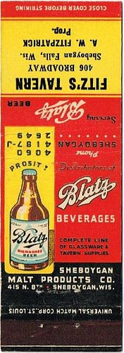 1939 Blatz Beer WI-BZ-SMP, Fitz's Tavern at 406 Broadway Sheboygan Falls A.W. Fitzpatrick, Wisconsin
