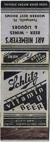 1938 Schlitz Vitamin D Beer WI-SCHLITZ-VD-ART-3, Art Niemeyer's Teutopolis Illinois