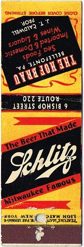1941 Schlitz Beer   WI-SCHLITZ-22, Hof Brau 6 Bishop St. Bellefonte Pennsylvania - J.T. Caldwell
