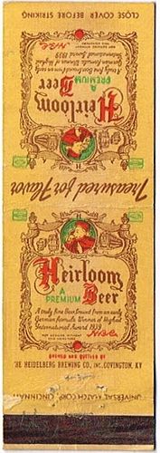 1947 Heirloom Beer KY-HEI-2, Scarce matchcover!, Covington, Kentucky