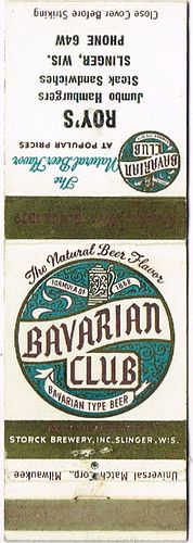 1953 Bavarian Club Beer WI-STORCK-5, Advertising Roy's CafÃ© Slinger Wisconsin