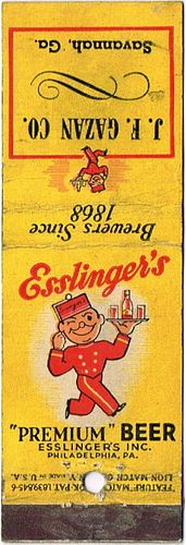 1946 Esslinger's Beer PA-ESS-9, J. F. Gazan Co. Savannah Georgia