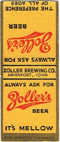 1933 Zoller's Beer Matchcover IA-ZOLLER-1 Davenport, Iowa