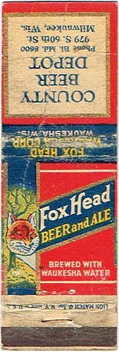 1936 Fox Head Beer and Ale matchcover WI-FH-5 Waukesha Wisconsin