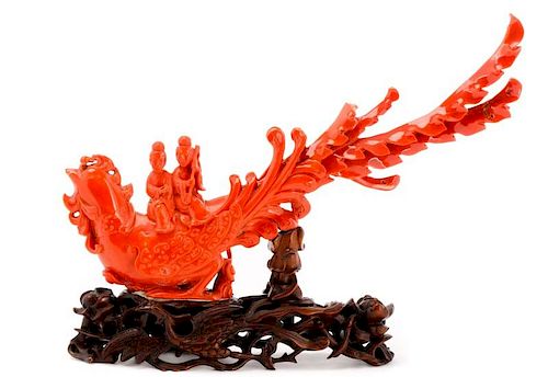 Chinese Carved Red Coral Phoenix w/Figures