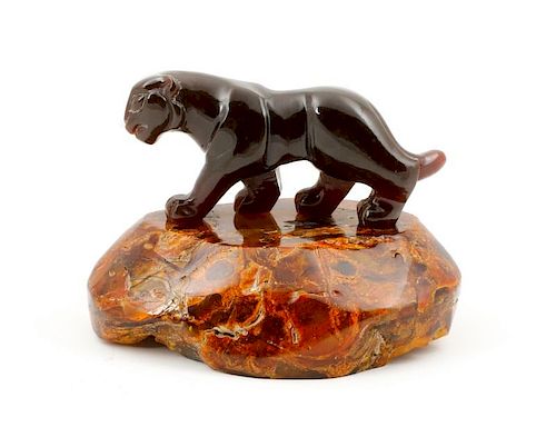 Impressive Carved Amber Panther and Base, 282g