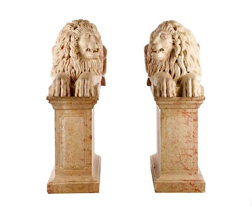 Pair of Large Rosso Verona Marble Lions on Bases
