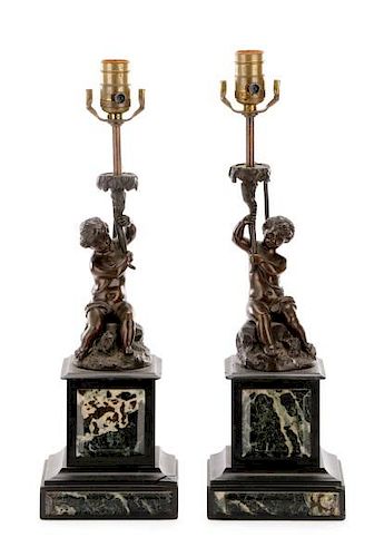Manner of Clodion 19th C. Bronze Putti Table Lamps