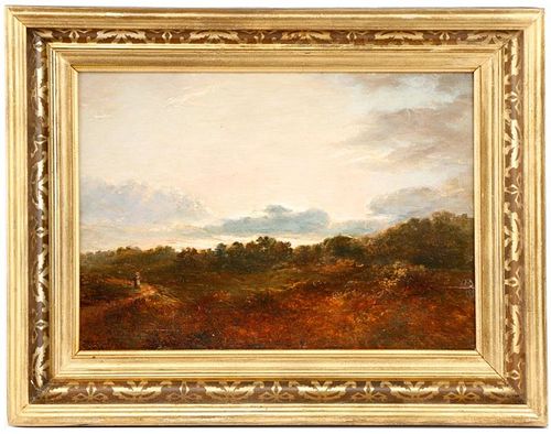 19th C. Oil on Wood, "Landscape at Dawn", Signed