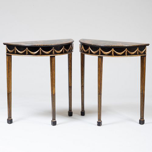 Pair of George III Style Black Lacquer and Parcel-Gilt D-Shape Console Tables