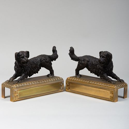 Pair of French Patinated-Bronze Terrier Form Chenets