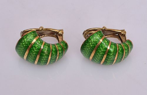 18k Gold Green Enameled Earrings