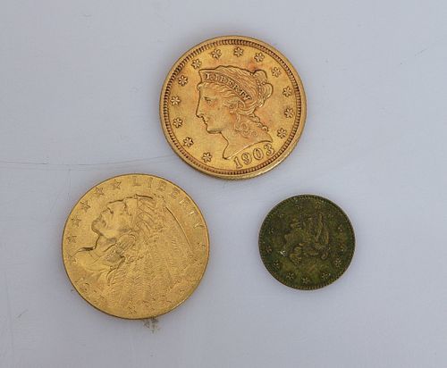 Two American $2 1/2 Gold Coins & California Dollar
