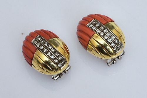 18k Gold Coral and Diamond Earrings