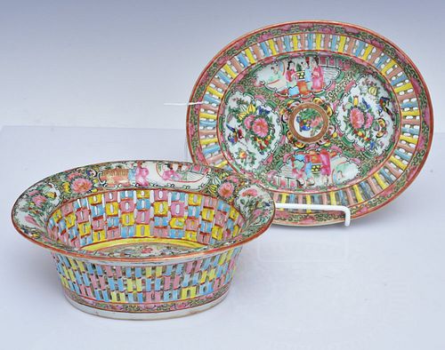 Chinese Rose Medallion Basket and Under Plate