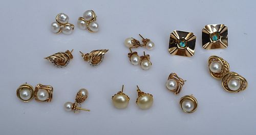 Nine Pairs of 14k Gold Earrings