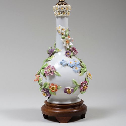 Continental Porcelain Flower Encrusted Bottle Vase Mounted as a Lamp