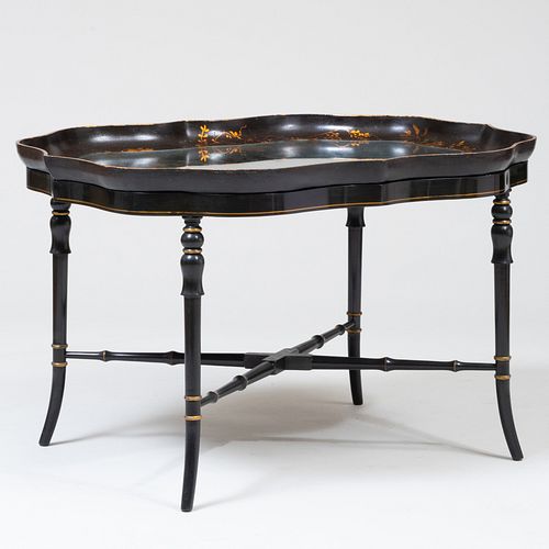English Black Lacquer and Parcel-Gilt Papier-MÃ¢chÃ© Tray on a Later Ebonized Stand