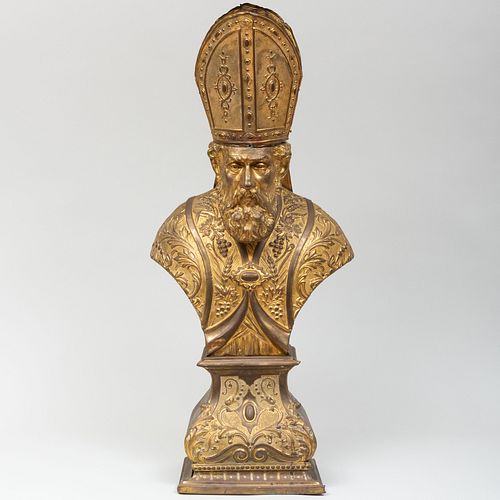 Renaissance Style Gilt-Metal and RepoussÃ© Brass Bust of a Bishop