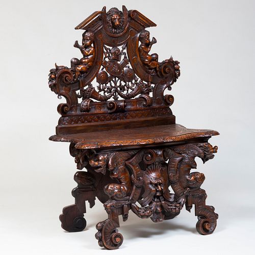 Italian Baroque Style Carved and Stained Wood Hall Seat
